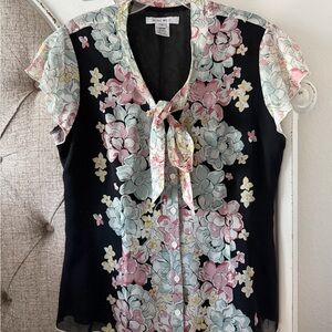 Nine West Black Floral Tie-Neck Cap Sleeve Blouse with Pastel Accents